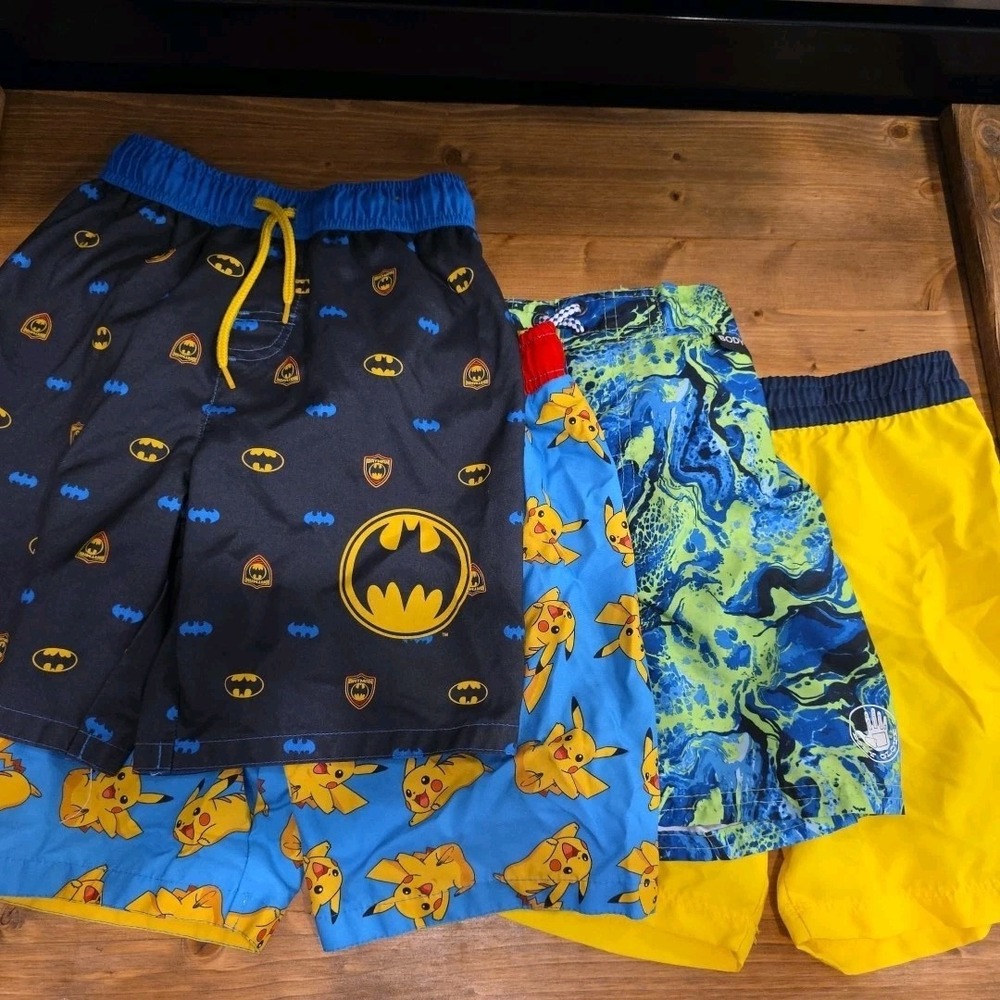 Lot of 7, Size 5 Boy Swimming Clothes, 4 Trunks & 3 Tops Pokemon & Batman
